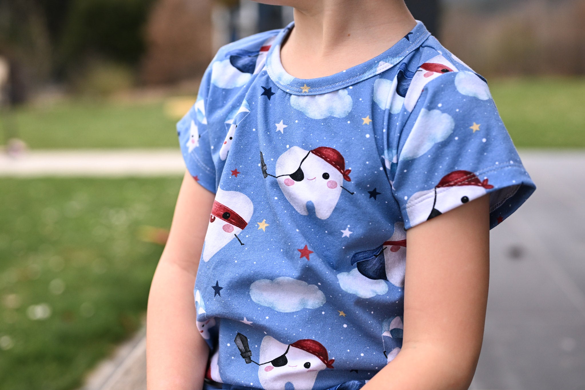 Frottee Jersey "Zahnfee" dusky blue 0,5 m Lager