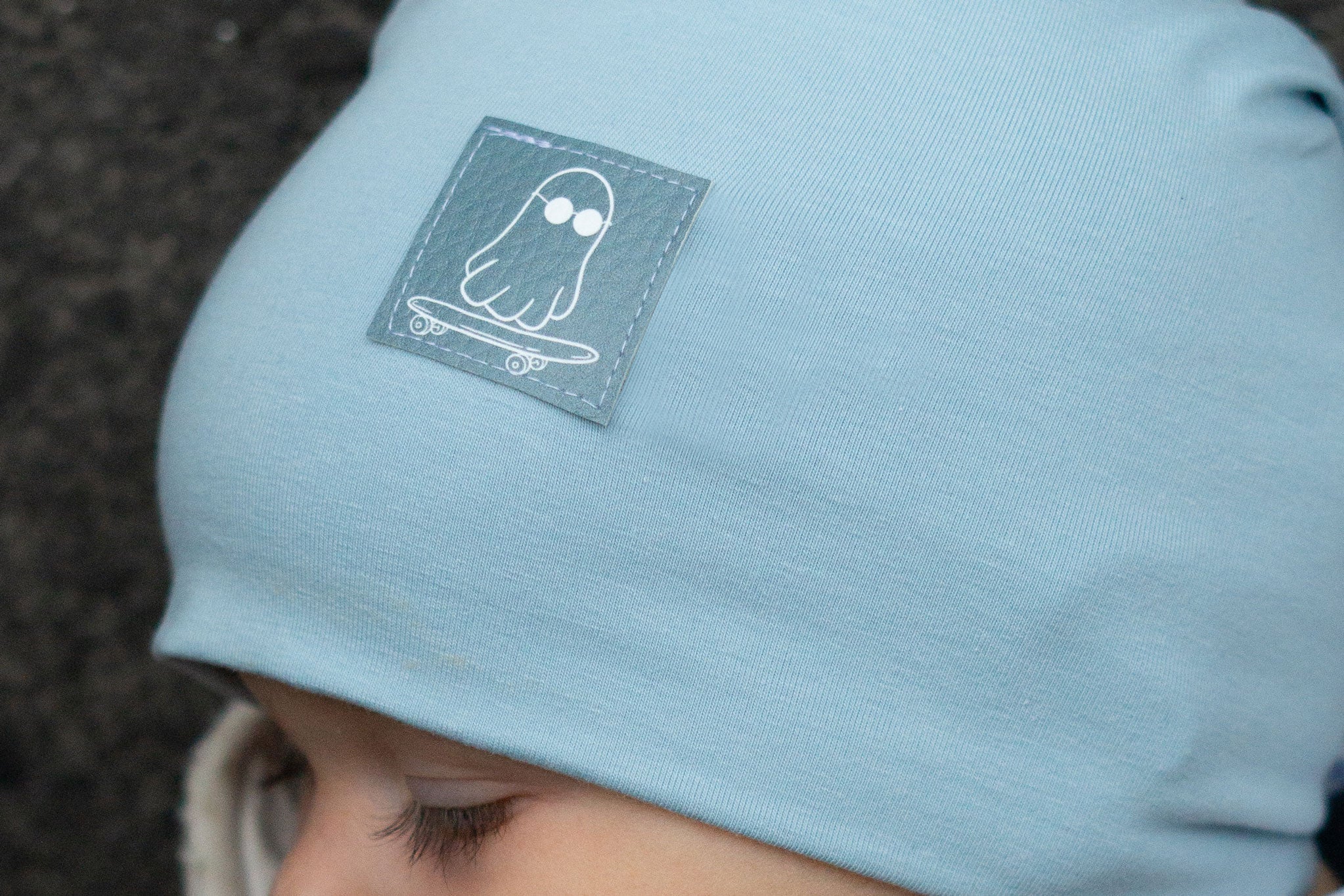 Kunstleder Patch "Ghost with Cap" teal 3,5 x 3,5 cm