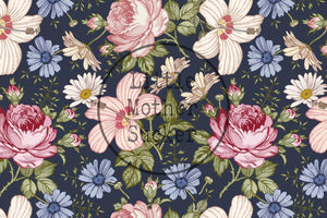 Premium BIO French Terry "Vintage Flowers" delicate navy groß 0,5 m