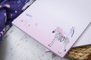 Notizblock kariert "Gabelracke und Zebra"